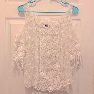 Lace and Crochet Cold Shoulder Fringe Top